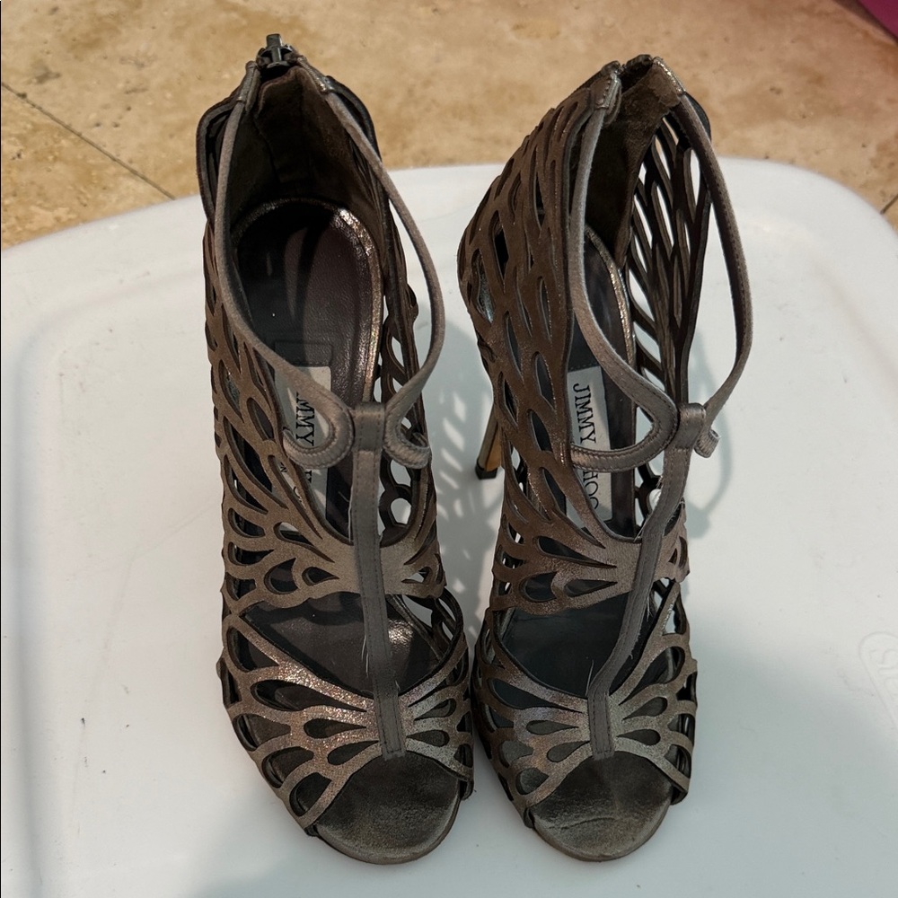 Jimmy Choo Metallic Bronze Laser-Cut High Heel Sandals